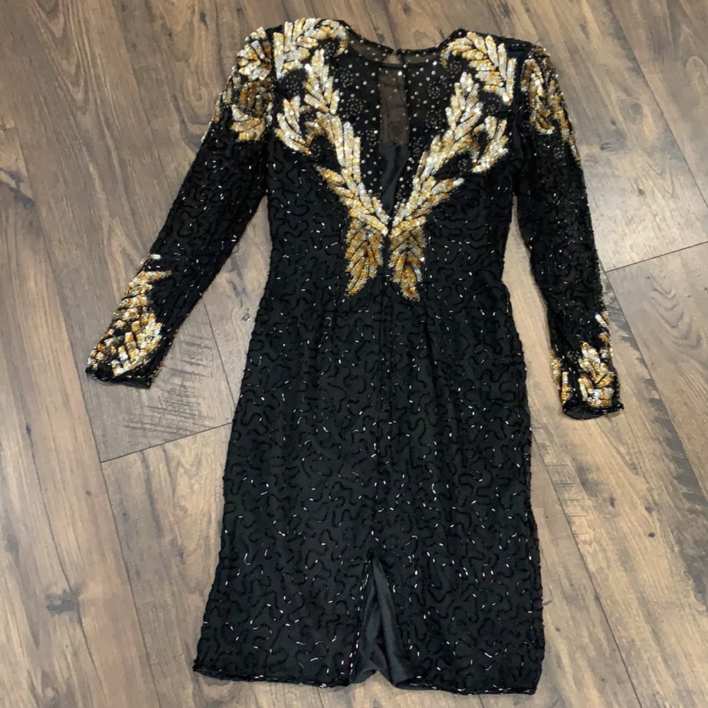 VINTAGE Laurence Kazar Pure Silk Beaded Dress Size Small, Black Gold & Sequin - Picture 9 of 15